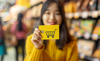 Canvas Print - A woman holding a yellow card with a shopping cart on it. She is smiling and holding it up for a picture