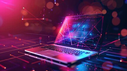 Canvas Print - a silver laptop with a glowing screen is shown on a dark background with colorful lines and blurred 