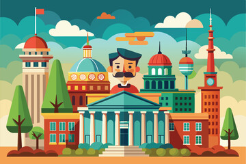 Canvas Print - This colorful illustration highlights Berlin's famous landmarks, including unique buildings and a whimsical character representation amidst the skyline