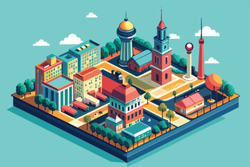 Canvas Print - Colorful isometric illustration showcasing diverse architecture and urban elements reflecting Berlin's unique cityscape and cultural landmarks