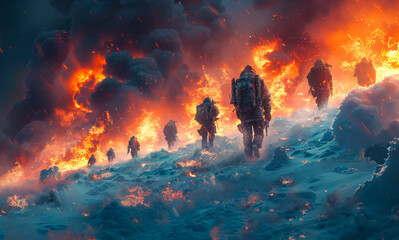 Canvas Print - A group of soldiers are walking through a burning landscape. The scene is set in a post-apocalyptic world, with the soldiers carrying backpacks and weapons.