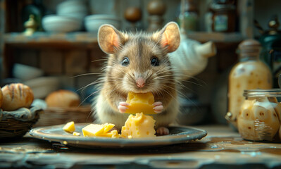 Wall Mural - A small mouse is eating a piece of cheese on a plate. The scene is set in a kitchen with various items such as bowls, cups, and a bottle.