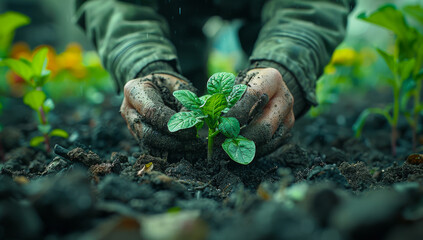 Wall Mural - A person is planting a seedling in the dirt. Concept of growth and nurturing, as the person carefully places the plant in the soil