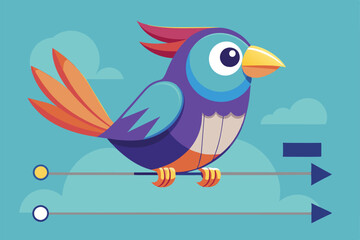 A vibrant bird sits on a wire, surrounded by a blue sky and soft clouds, showcasing playful colors and designs