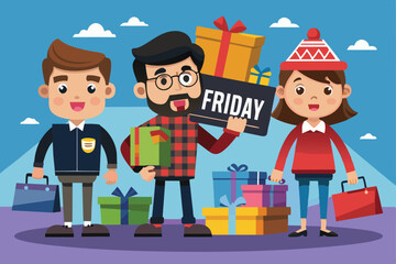 Poster - Three cartoon characters joyfully celebrate Black Friday with colorful gifts and excitement, promoting a festive shopping atmosphere