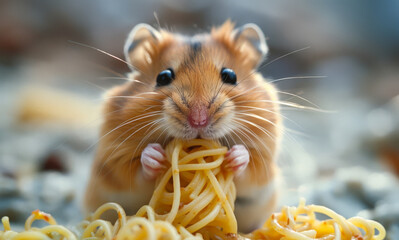 Wall Mural - A hamster is eating spaghetti. The hamster is small and cute. The spaghetti is long and thin