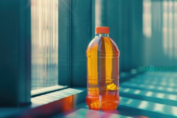 Canvas Print - A glass bottle of fresh orange juice sits on a table, ready to be consumed