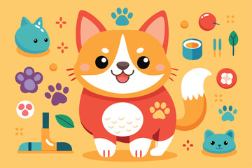 Poster - An adorable cartoon corgi stands cheerfully among animated items like paws, leaves, and playful shapes, creating a joyful, engaging atmosphere