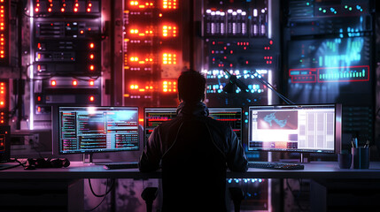 Neon light cloud computing futuristic technology and cloud storage illustration embodies network technologies cyberspace, showcasing a futuristic server in isometric perspective, dark background.