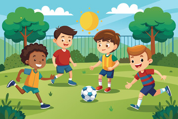 four boys play football joyfully in a sunny park, surrounded by trees and green grass, showcasing te