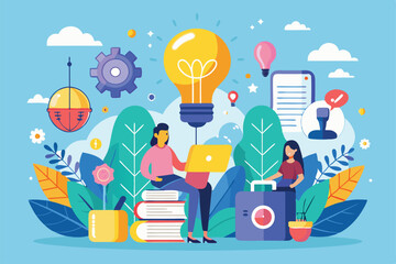 Poster - A diverse team collaborates, generating innovative ideas while surrounded by colorful plants and decorative elements in a bright workspace