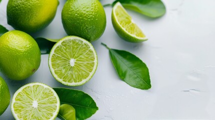 Wall Mural - Fresh Green Limes Sliced on a Light Surface Surrounded by Leaves