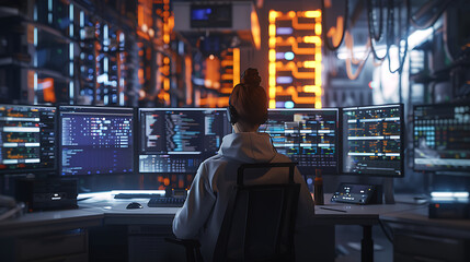Neon light cloud computing futuristic technology and cloud storage illustration embodies network technologies cyberspace, showcasing a futuristic server in isometric perspective, dark background.