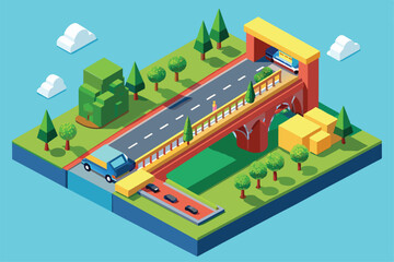 Canvas Print - A detailed isometric illustration features a bridge road with vehicles, greenery, and abstract elements in a vibrant urban landscape