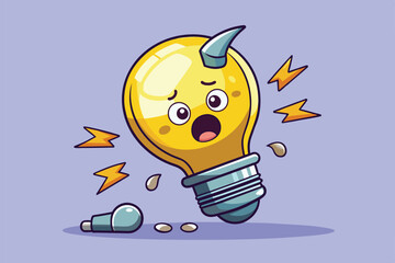 Wall Mural - A cartoon light bulb sits broken, looking shocked with lightning bolts surrounding it, expressing surprise and customizable features