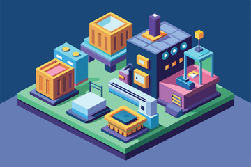 Poster - An isometric illustration showcases a vibrant industrial area featuring diverse machinery, storage units, and tools in a compact layout