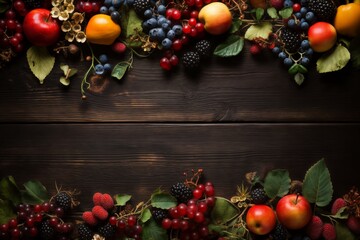 Wall Mural - still life with bunches of grapes, berries and fresh and juicy fruits against a dark old wooden background, rural vintage style, the concept of fresh and healthy food