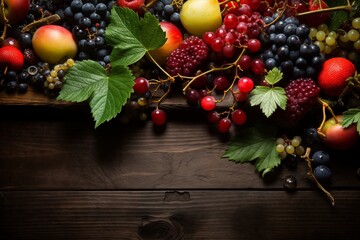 Wall Mural - still life with grapes, berries and fruits on a dark wooden background with an empty place for the inscription, the concept of fresh and healthy food