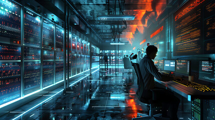 Neon light cloud computing futuristic technology and cloud storage illustration embodies network technologies cyberspace, showcasing a futuristic server in isometric perspective, dark background.