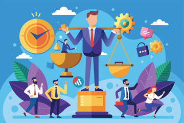 Sticker - A vibrant illustration depicts business challenges, featuring a central figure balancing scales, surrounded by office-related icons and diverse characters