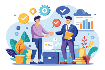 Wall Mural - Two professionals shake hands to finalize a customizable business deal while discussing vibrant charts and gears in a contemporary workplace