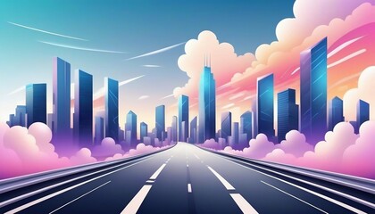 Flying road highway banner or mockup. Abstract design illustration of a straight road with buildings skyline in the background created with Generative AI	