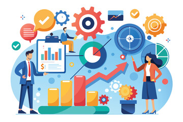 Poster - Business professionals collaborate on management strategies, analyzing charts and graphs to enhance productivity and drive growth during a strategic planning session