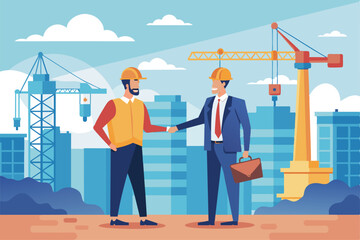 Wall Mural - Two businessmen shake hands at a construction site, surrounded by towering cranes and a skyline in the background on a clear day