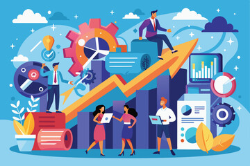 Wall Mural - Business professionals collaborate on strategies to address growth challenges in a vibrant office setting during a recent industry conference