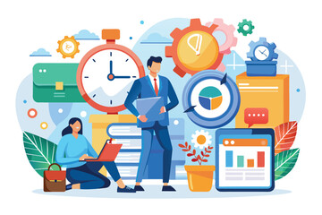 Wall Mural - A professional in a suit reviews documents while a woman uses a laptop, surrounded by clocks, charts, and tools representing efficient time management