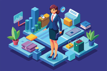 Poster - A businesswoman stands in a stylish office setting surrounded by various elements like charts, plants, and documents, showcasing a productive atmosphere