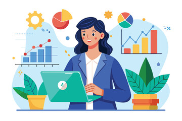 Wall Mural - A businesswoman examines various data analysis graphs on her laptop, surrounded by plants and charts in a bright office setting