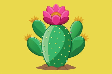 Poster - A vibrant cactus adorned with a striking pink flower blooms on a sunny yellow background, showcasing a playful and whimsical design