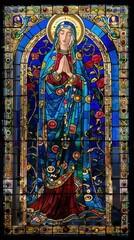 Wall Mural - A beautiful stained glass window shows Mary with hands in prayer, adorned in blue and surrounded by colorful flowers