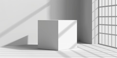 Sticker - A simple white pedestal sits in a room with a window, providing a minimalist backdrop for decoration or display