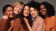 © kinara art design - A diverse group of five women smiling together, showcasing friendship and unity.