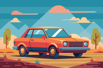 Sticker - A vibrant orange car navigates a winding road surrounded by mountains and lush trees, creating a serene atmosphere during the golden hour