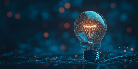 A glowing light bulb symbolizing innovation and creativity against a dark blue background, representing the concept of ideas and AI technology in business