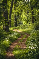 Wall Mural - A dirt path winding through a dense forest, surrounded by trees and foliage