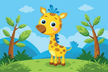 Poster - A cheerful little giraffe stands in a grassy meadow, happily accompanied by a blue bird under a bright blue sky with fluffy clouds