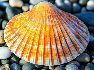 Wall Mural - Orange and white seashell resting among pebbles on a sunny beach