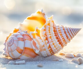 Wall Mural - Orange and white seashells resting on a sandy beach at sunset