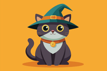 Poster - A playful black cat wearing a whimsical witch hat sits cheerfully, ready for Halloween fun and customization