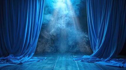 Two deep purple curtains are drawn back to reveal a stage bathed in a spotlight. The spotlight shines through a wispy, blue smoke, highlighting the wooden floor.