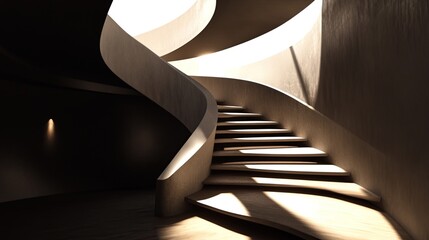 Wall Mural - modern spiral staircase in a concrete building with sunlight streaming through the windows.