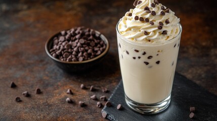 Delicious ice cream drink topped with whipped cream and chocolate chips