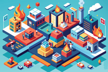 Canvas Print - Various characters navigate a vibrant urban landscape filled with flames, buildings, and scattered activities in this engaging and colorful illustration