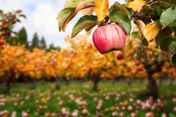 Wall Mural - Apple Orchard in Autumn featuring Single Ripe Apple on Tree Branch - Perfect for Seasonal Designs, Posters, and Cards