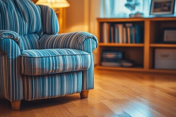 Cozy Living Room Interior with Striped Armchair and Wooden Bookshelves - Warm and Inviting Atmosphere for Relaxation