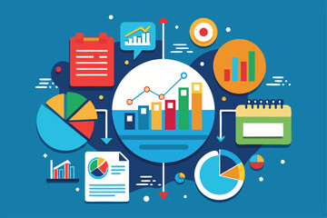 Wall Mural - A vibrant illustration showcases diverse charts and graphs, promoting data analysis through customizable elements and visual representations